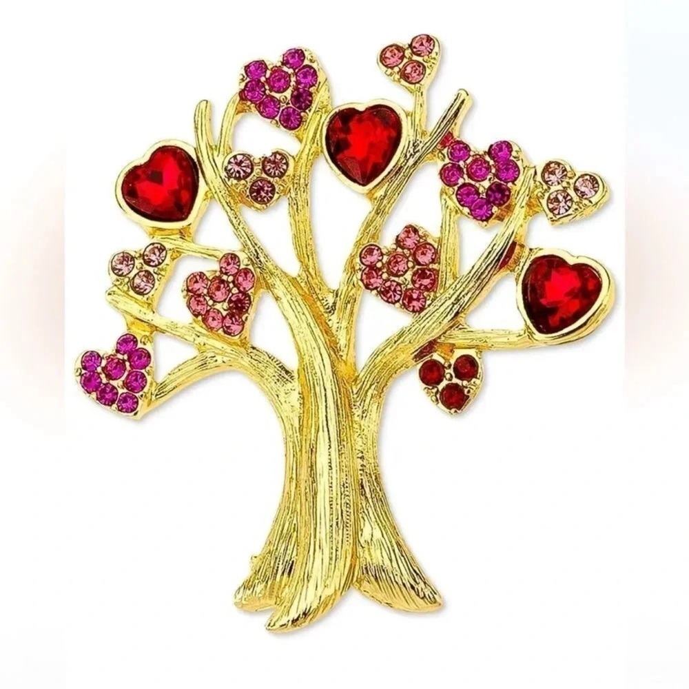 Anthropologie Gold-tone Tree Brooch with Red and Pink Rhinestones